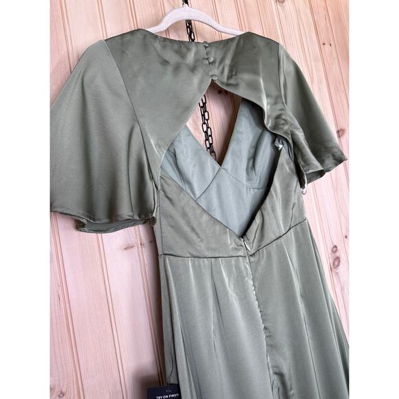NWT Lulus Elegant Confidence Sage Satin Flutter Sleeve Cutout Maxi Dress Size S - Picture 7 of 10